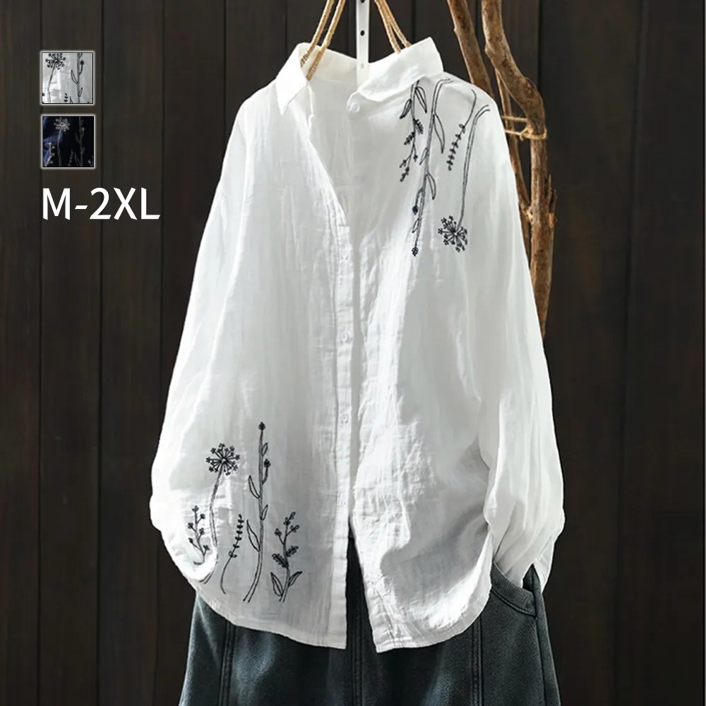 多層次外罩襯衫 微光澤棉麻刺繡上衣 熟齡顯瘦藏肉神器 獨家版型 抗皺透氣閨蜜親子裝穿搭