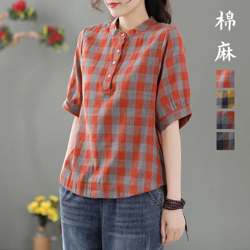 昭和風窗格紋棉麻罩衫 大尺碼衬衫上衣
