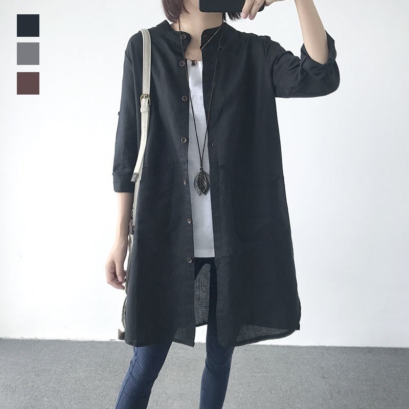 春夏款日系和紙棉麻罩衫 立領長袖襯衫