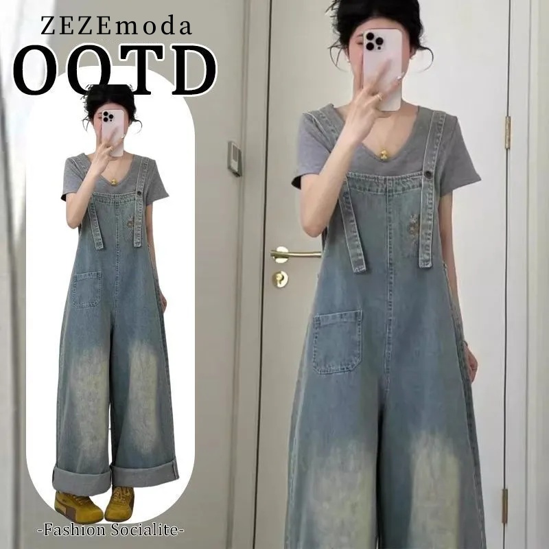 文青復古牛仔背帶褲 春夏逆齡鹽洗工藝牛仔寬褲 偽腰封高腰A字剪裁