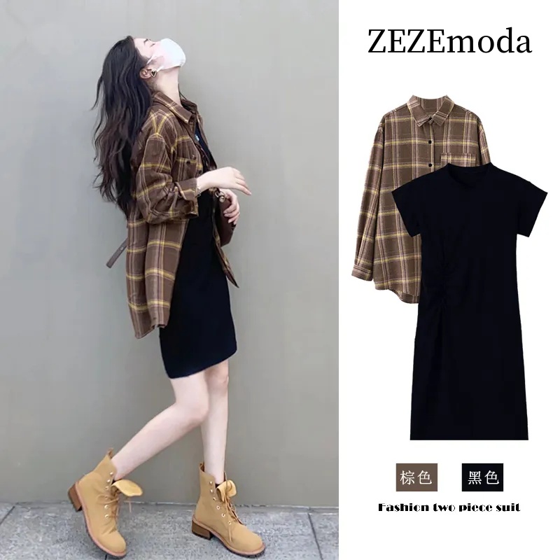 【單品可選】春夏韓版高級感顯瘦溫柔風 格紋襯衫+連身裙套裝