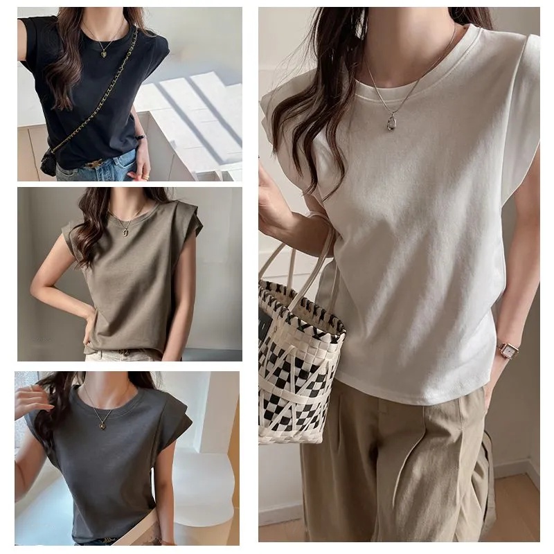 夏季圓領飛飛袖上衣 短袖寬鬆百搭休閒款氣質女裝