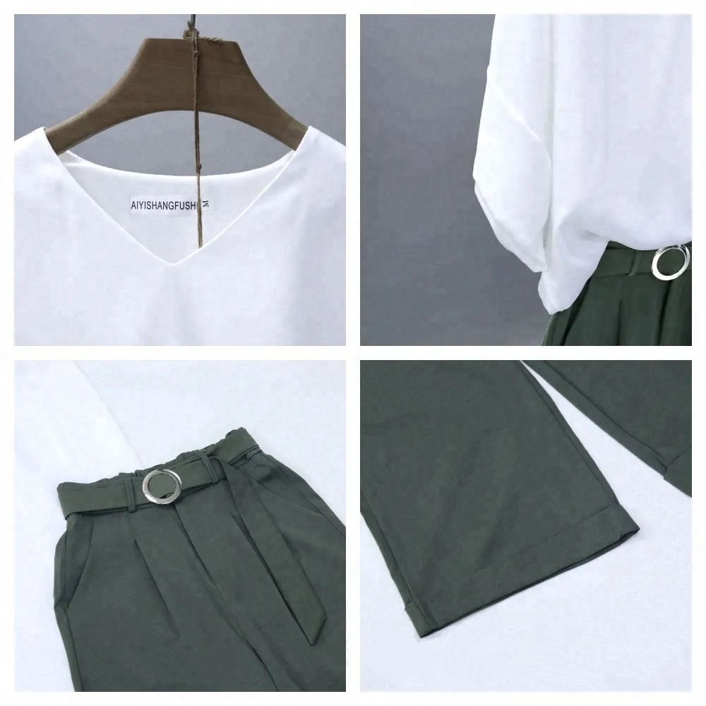 簡約V領五分袖上衣+寬褲套裝 夏季兩件式穿搭組百搭款