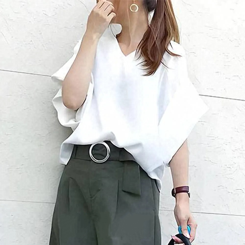 簡約V領五分袖上衣+寬褲套裝 夏季兩件式穿搭組百搭款