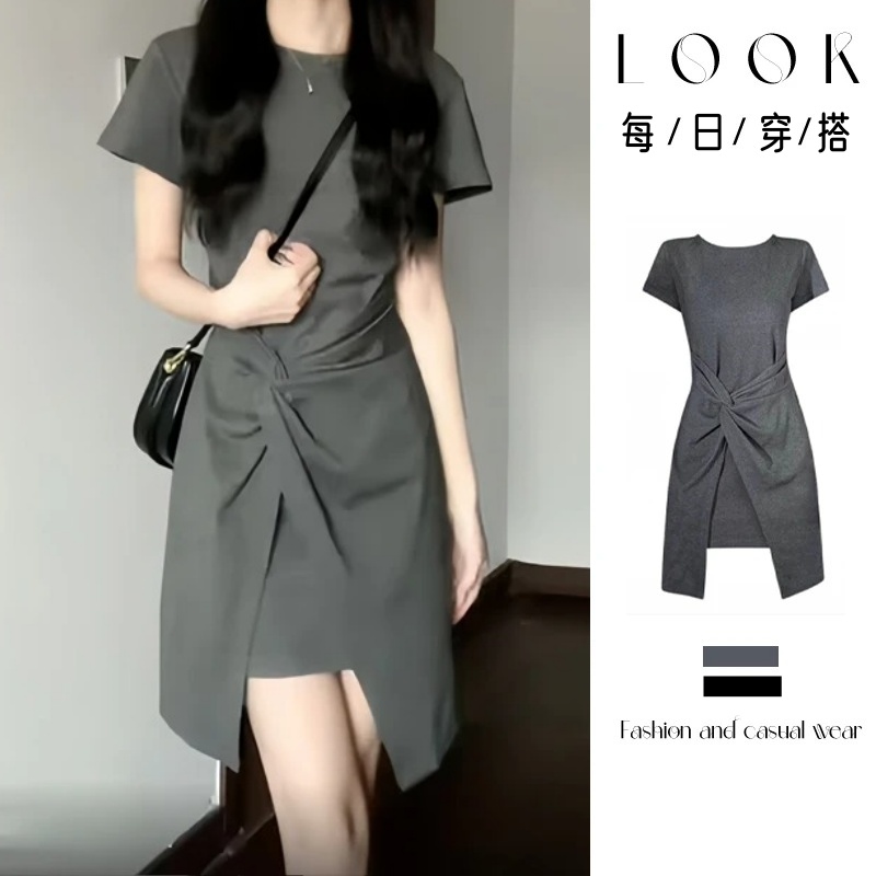 法式氣質收腰短袖連身裙 小眾設計圓領短裙