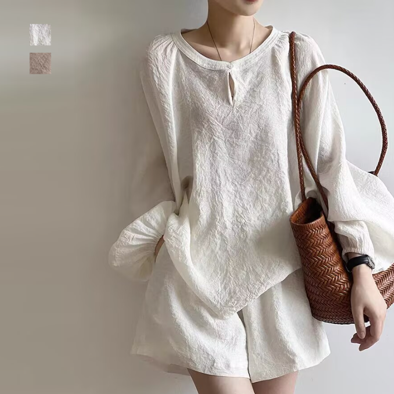 名媛風兩件套 寬鬆褶皺棉麻圓領防曬上衣＋寬褲短褲套裝