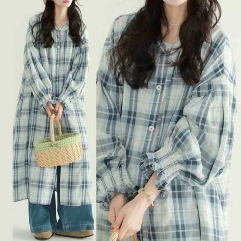 格紋圓領襯衫洋裝 收腰顯瘦 氣質長版內搭