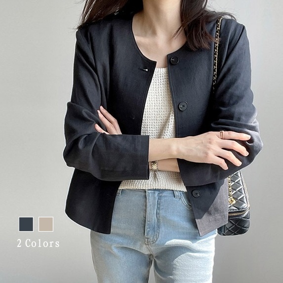 韓系棉麻薄外套 長袖開襟 圓領小西裝版