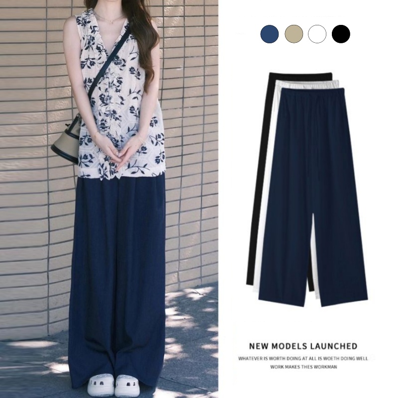 藏青亞麻混紡涼感寬褲 夏季高腰 垂墜感 直筒寬鬆 顯瘦長褲