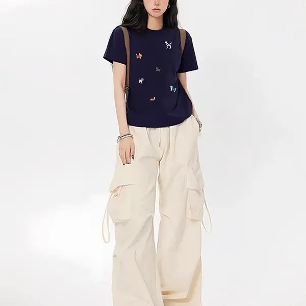 純棉短袖T恤 美式復古 標準肩線 合身顯瘦 小狗印花卡通圖案