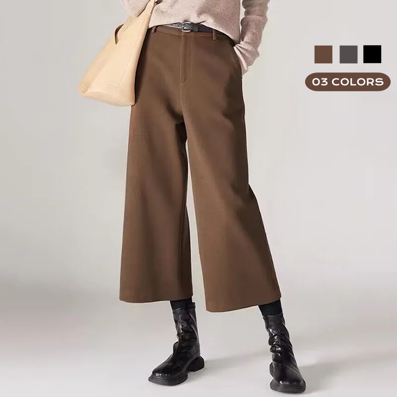 毛呢八分寬褲 秋冬新款休閒寬鬆顯瘦