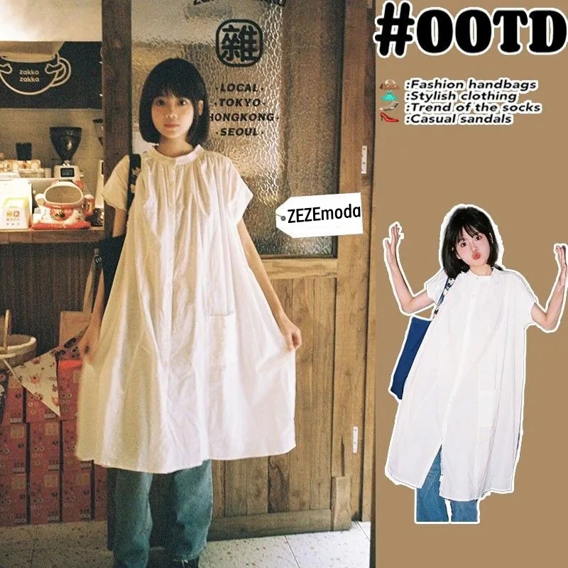 法式慵懶棉麻洋裝 短袖中長版寬鬆顯瘦 抓褶圓領 口袋設計