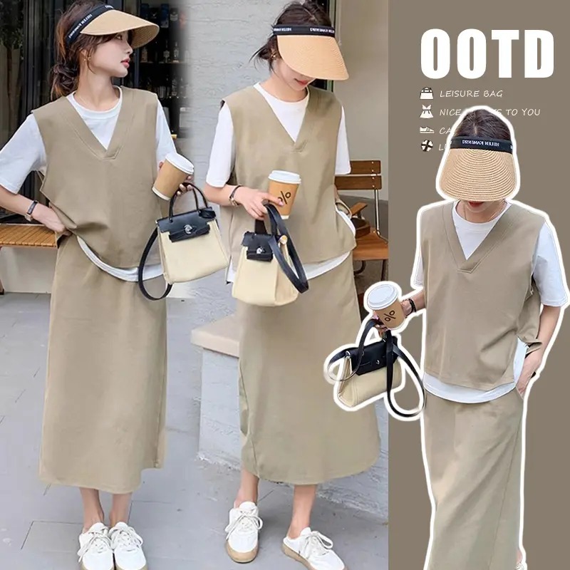 設計感兩件式套裝 V領拼接短袖T恤 配高腰中長裙 成套穿搭 顯瘦有型