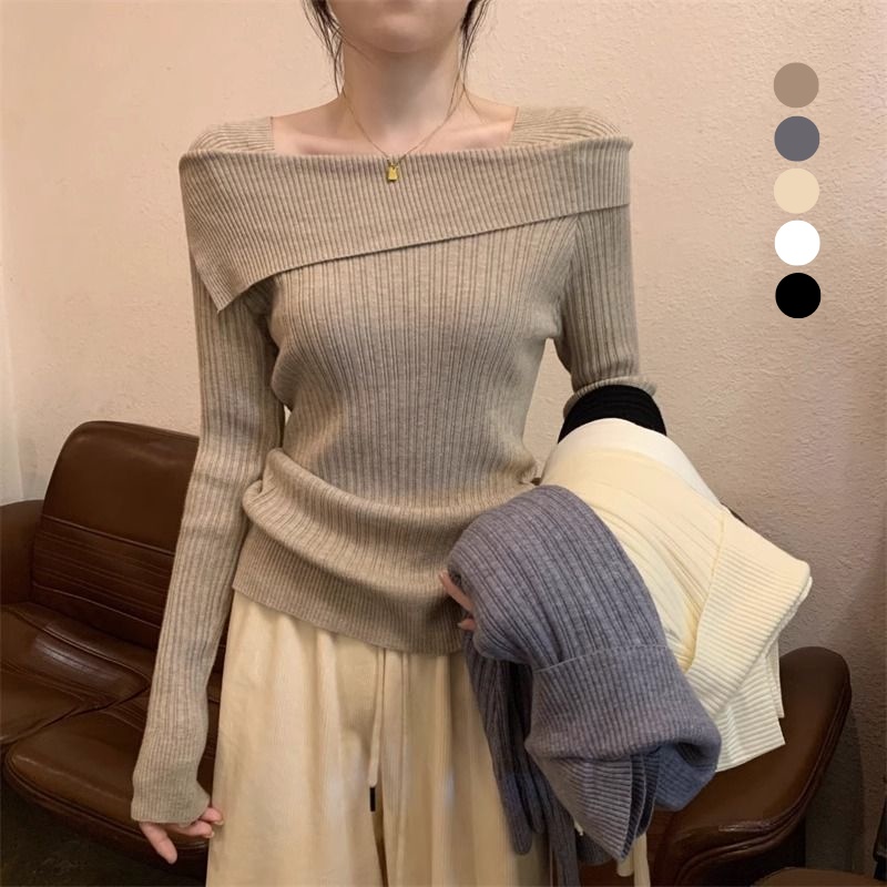 法式一字領針織上衣 春秋長袖 羅紋彈性 韓系慵懶 合身顯瘦