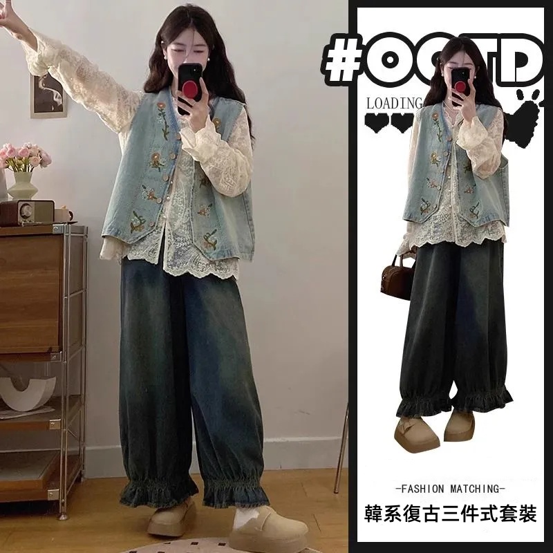 韓系復古三件式套裝 牛仔背心＋蕾絲襯衫＋寬鬆牛仔寬褲 成套穿搭 百搭有型