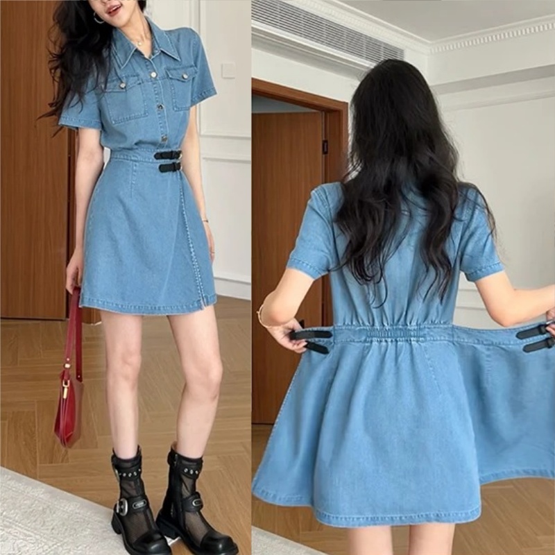 大尺碼牛仔襯衫洋裝 二合一拼接 收腰顯瘦（短版／長版可選）