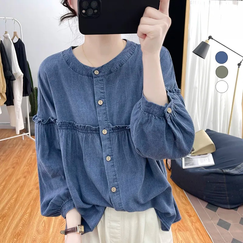 純棉燈籠袖襯衫 圓領排釦 荷葉邊拼接 寬鬆復古感