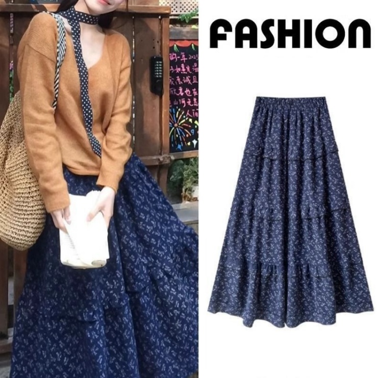 復古深藍碎花中長裙 高腰A字 層次拼接 傘裙擺 森林系