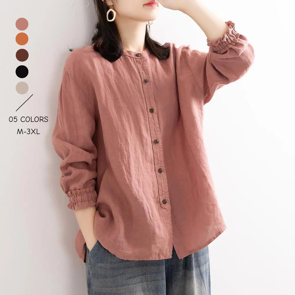 棉麻圓領襯衫外套 文青復古感 春秋長袖 寬鬆版 袖口縮口 好搭上衣