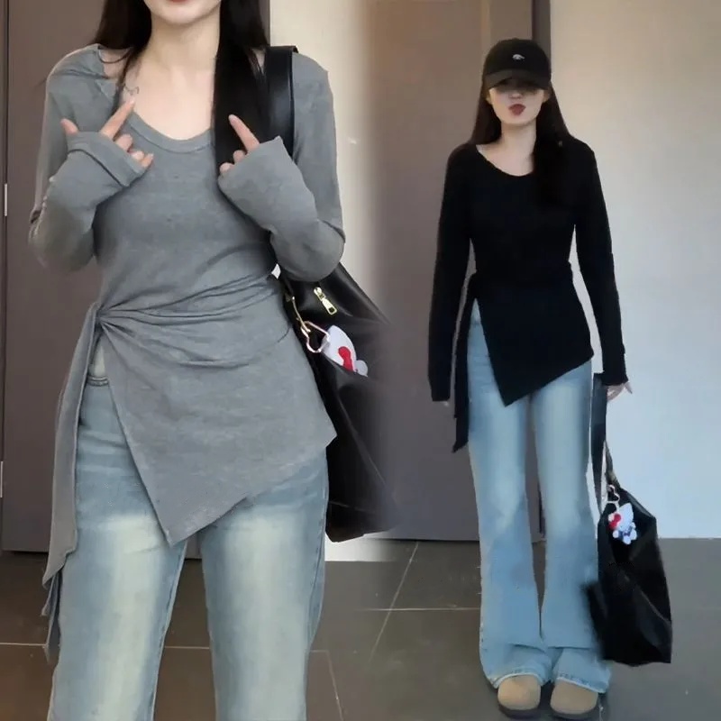 大尺碼修身長袖上衣 中長版 不規則下擺 側扭結設計 鎖骨領 顯瘦內搭