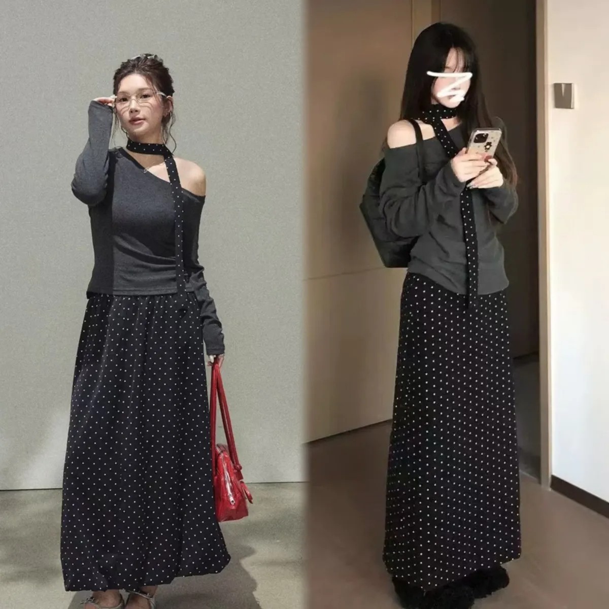 甜辣感一字領長袖上衣＋小圓點A字長裙 早秋套裝