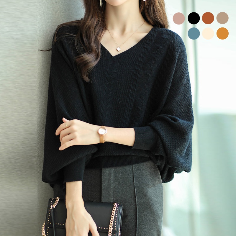 寬鬆蝙蝠袖洞洞毛衣 V 領鏤空針織上衣 韓系休閒