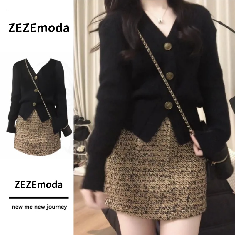 小香風成套穿搭 V領針織外套＋短裙套裝 小個子茶系穿搭