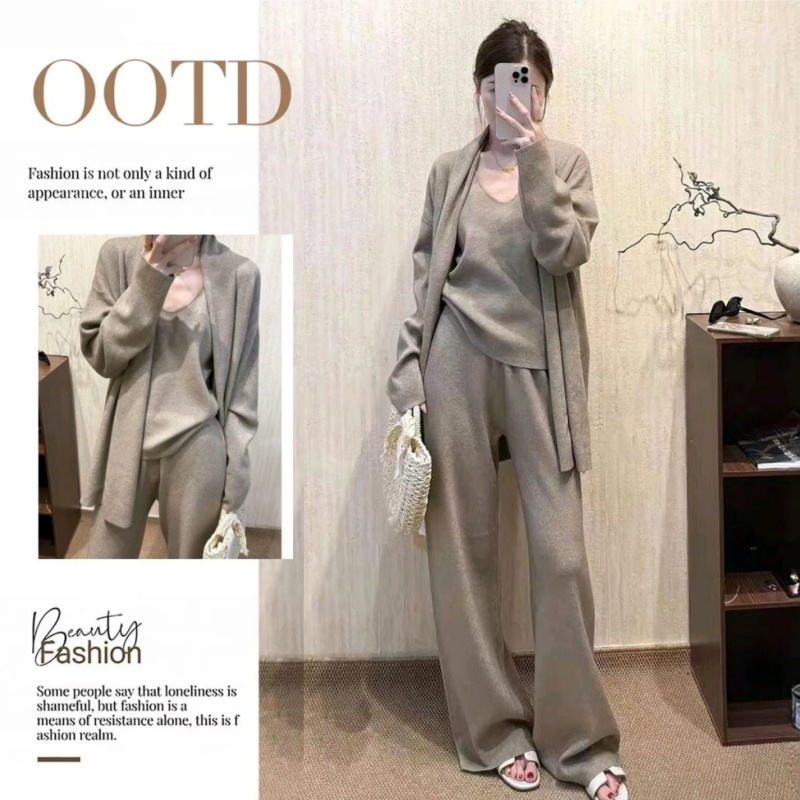 2025秋季新款法式氣質寬鬆長袖毛衣開衫V領吊帶背心高腰闊腿長褲