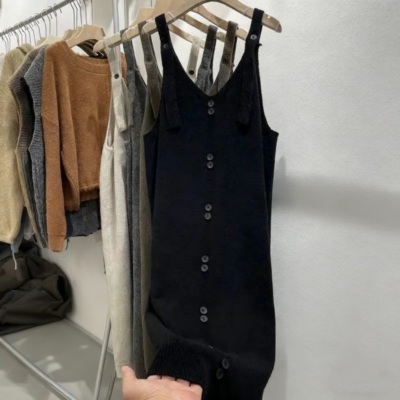 大尺碼針織背心洋裝 長版前排釦設計 寬鬆好疊穿