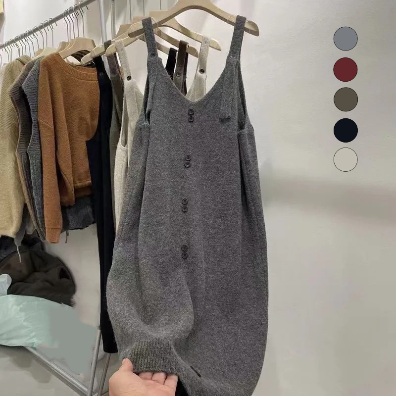 大尺碼針織背心洋裝 長版前排釦設計 寬鬆好疊穿
