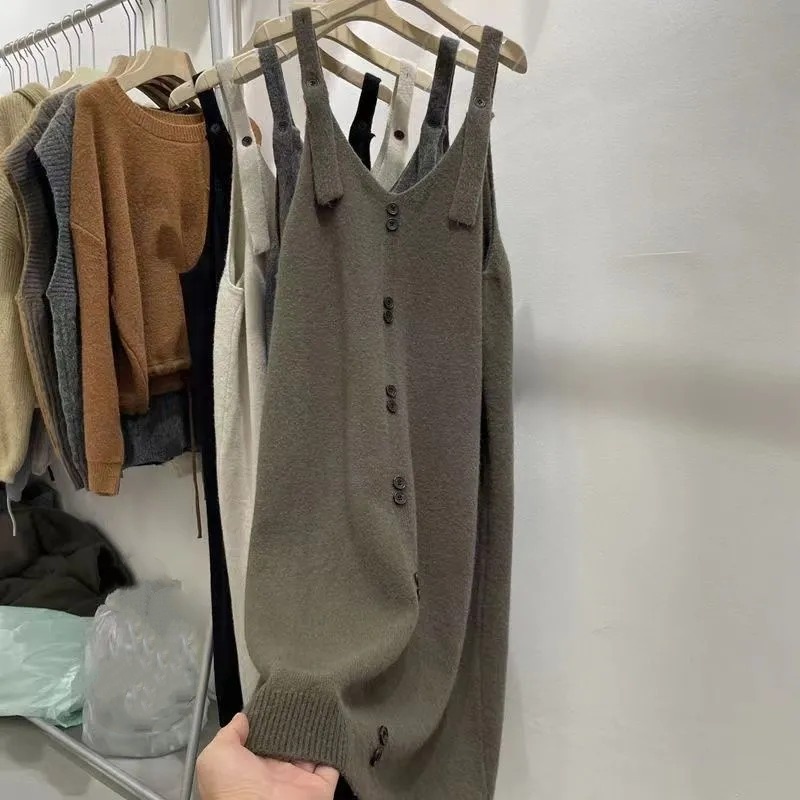 大尺碼針織背心洋裝 長版前排釦設計 寬鬆好疊穿
