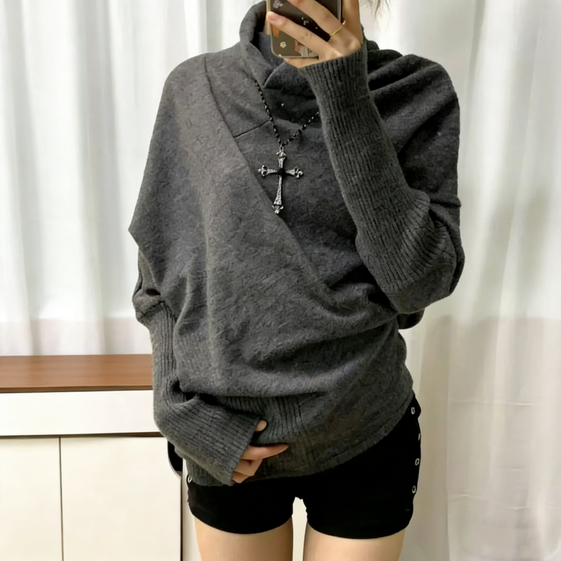 復古高領蝙蝠袖針織上衣 不對稱披肩感 顯瘦罩感毛衣