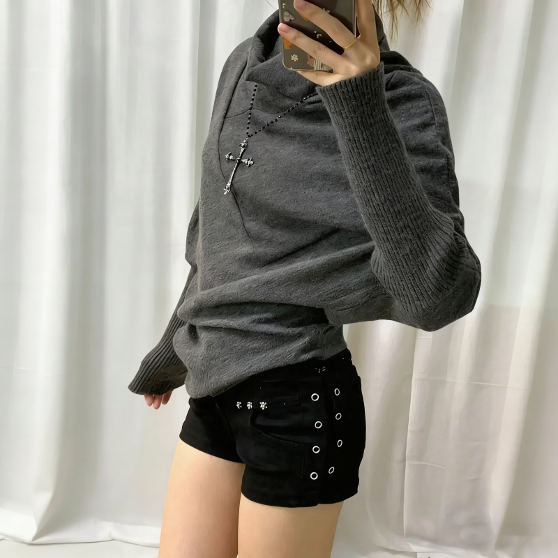 復古高領蝙蝠袖針織上衣 不對稱披肩感 顯瘦罩感毛衣