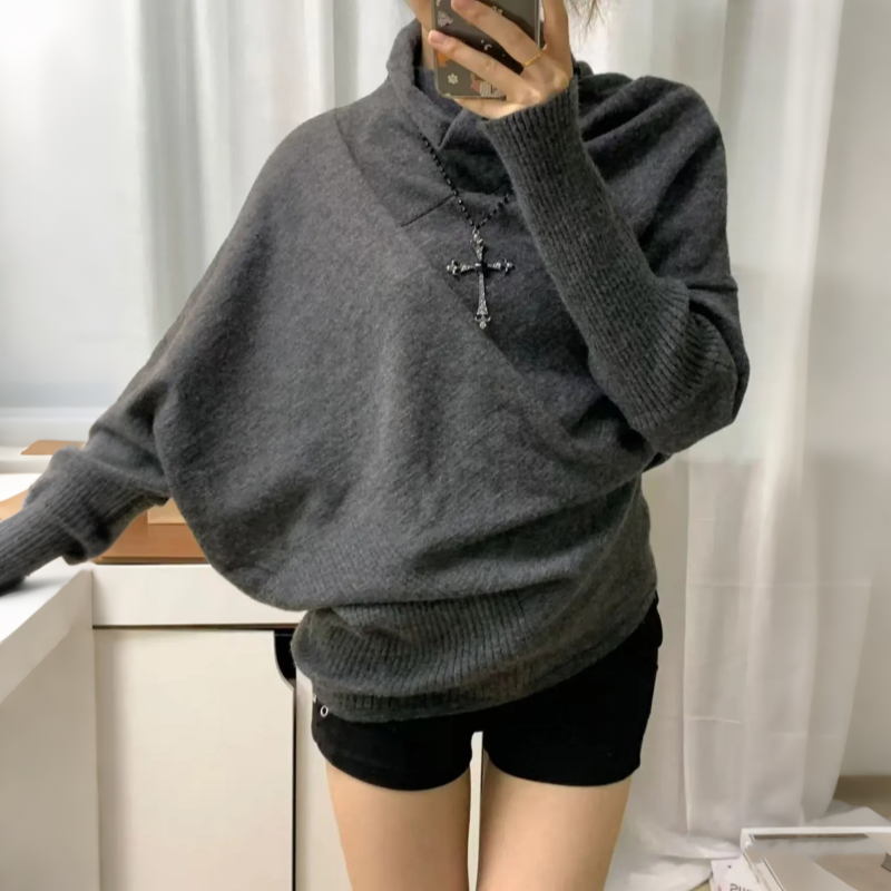 復古高領蝙蝠袖針織上衣 不對稱披肩感 顯瘦罩感毛衣