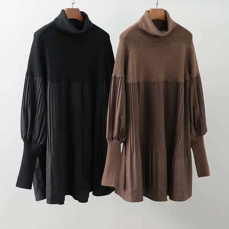 高領針織拼接百褶上衣 寬鬆剪裁 素色氣質 秋冬百搭