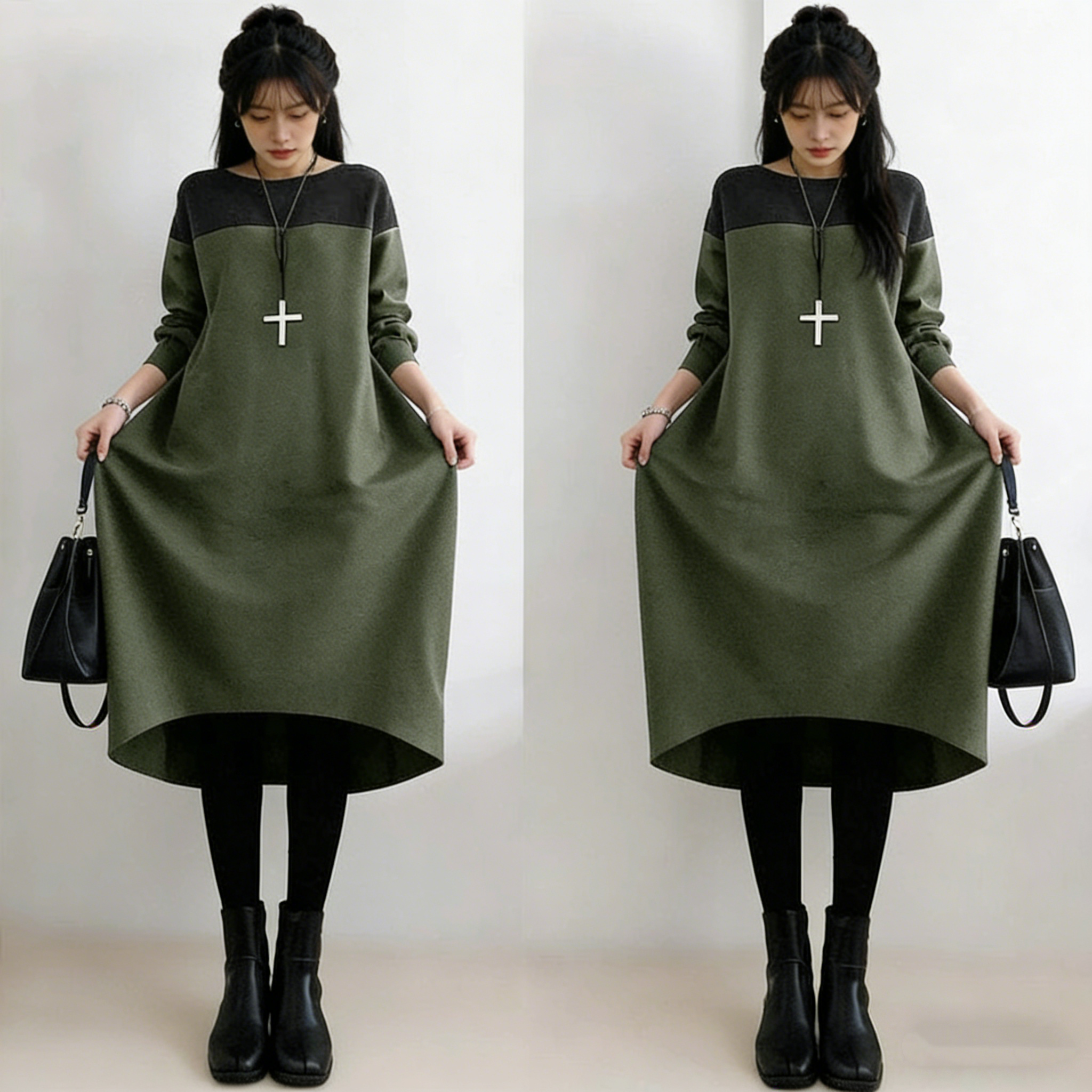 撞色拼接長版洋裝 寬鬆剪裁 圓領設計 秋冬耐看百搭
