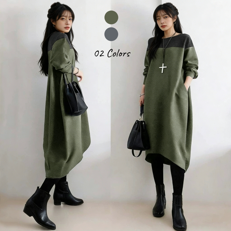 撞色拼接長版洋裝 寬鬆剪裁 圓領設計 秋冬耐看百搭