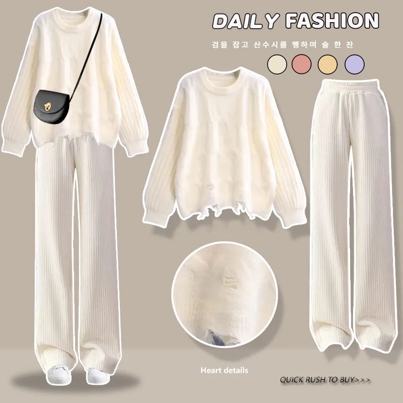 「套裝/單件」奶色系針織上衣＋寬版長褲兩件式套裝 秋冬溫柔穿搭