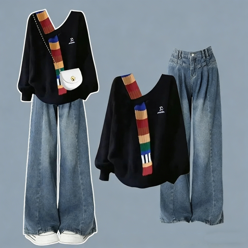 「套裝/單件」拼接設計感上衣＋高腰牛仔寬褲兩件式套裝 秋冬日常穿搭