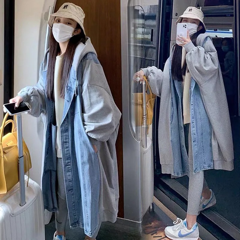 韓系慵懶風牛仔拼接連帽外套 寬鬆剪裁 中長版設計