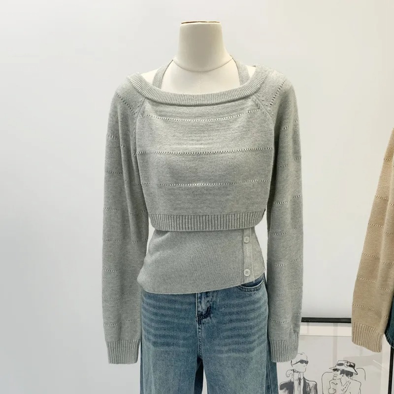 韓系設計感掛脖背心+針織上衣兩件組 鏤空短版層次穿搭款