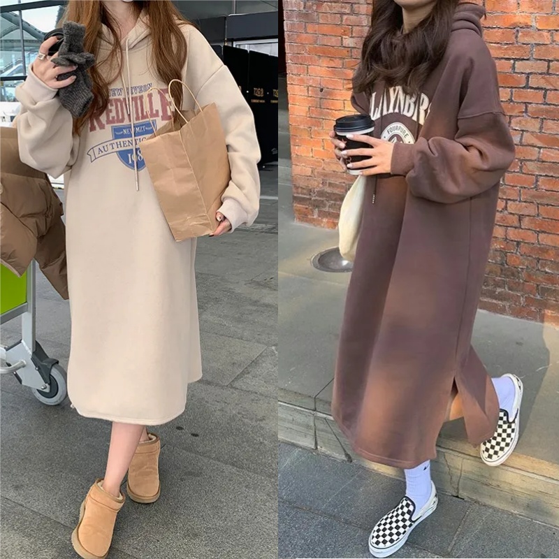 韓系字母印花連帽刷毛洋裝 寬鬆剪裁 過膝側開衩