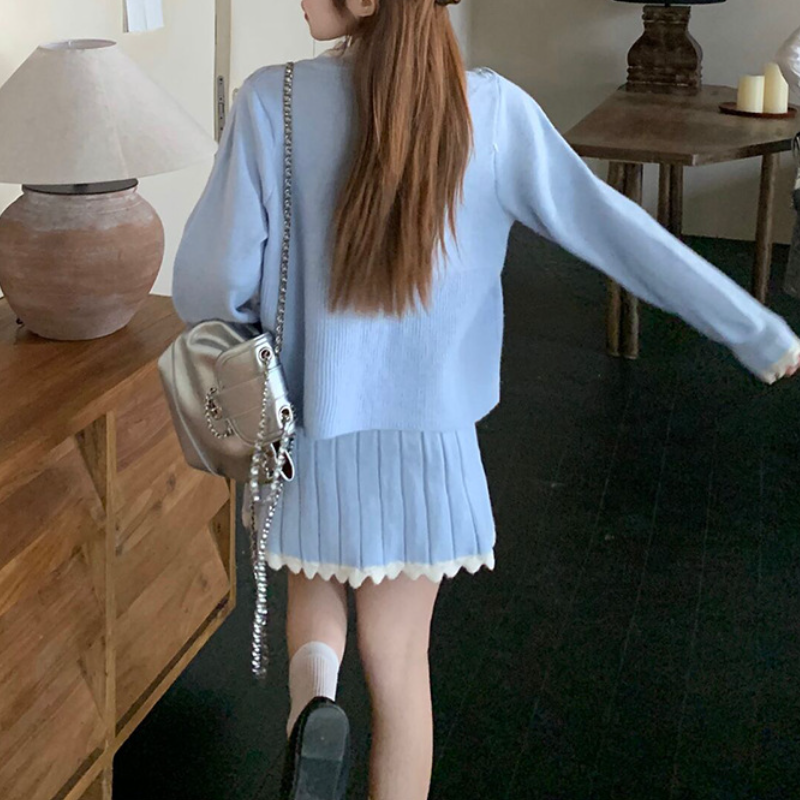 溫柔系針織套裝 蝴蝶結織紋上衣＋百褶裙 兩件式 顯瘦減齡