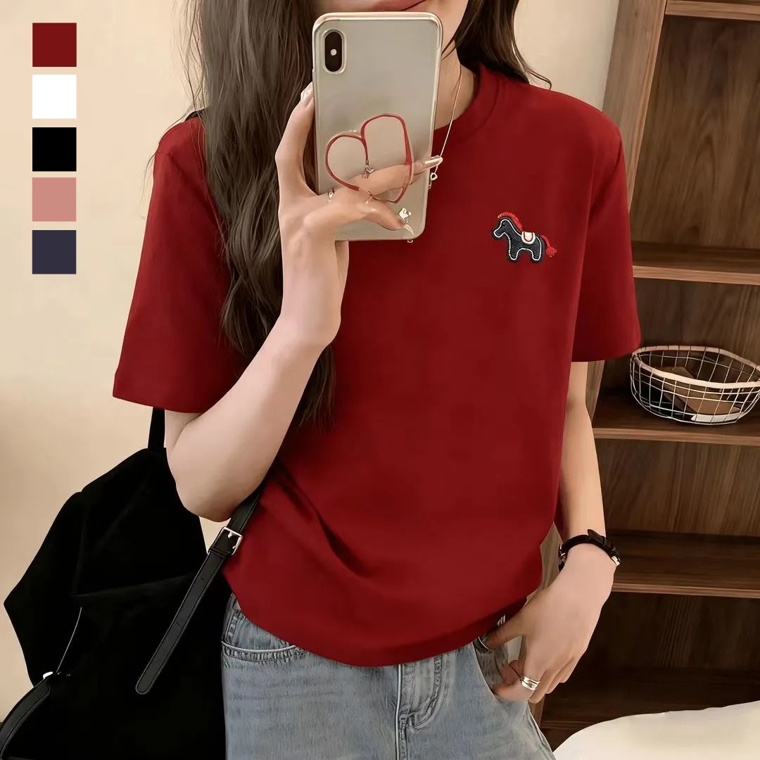 S-4XL純棉小馬刺繡短袖T恤 正版型簡約百搭酒紅上衣
