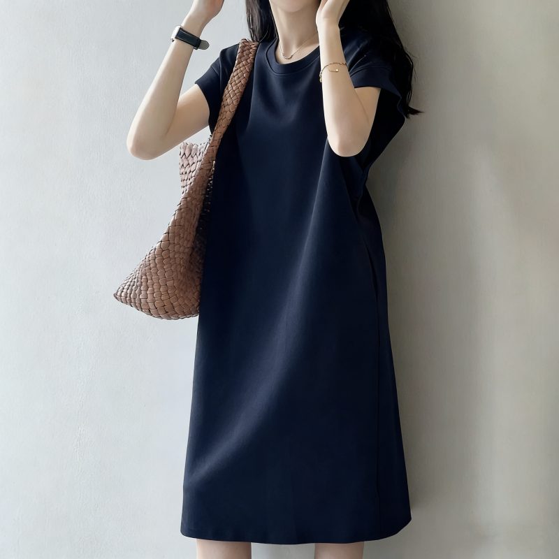 日系質感飛袖棉質洋裝 寬鬆剪裁中長版T恤洋裝