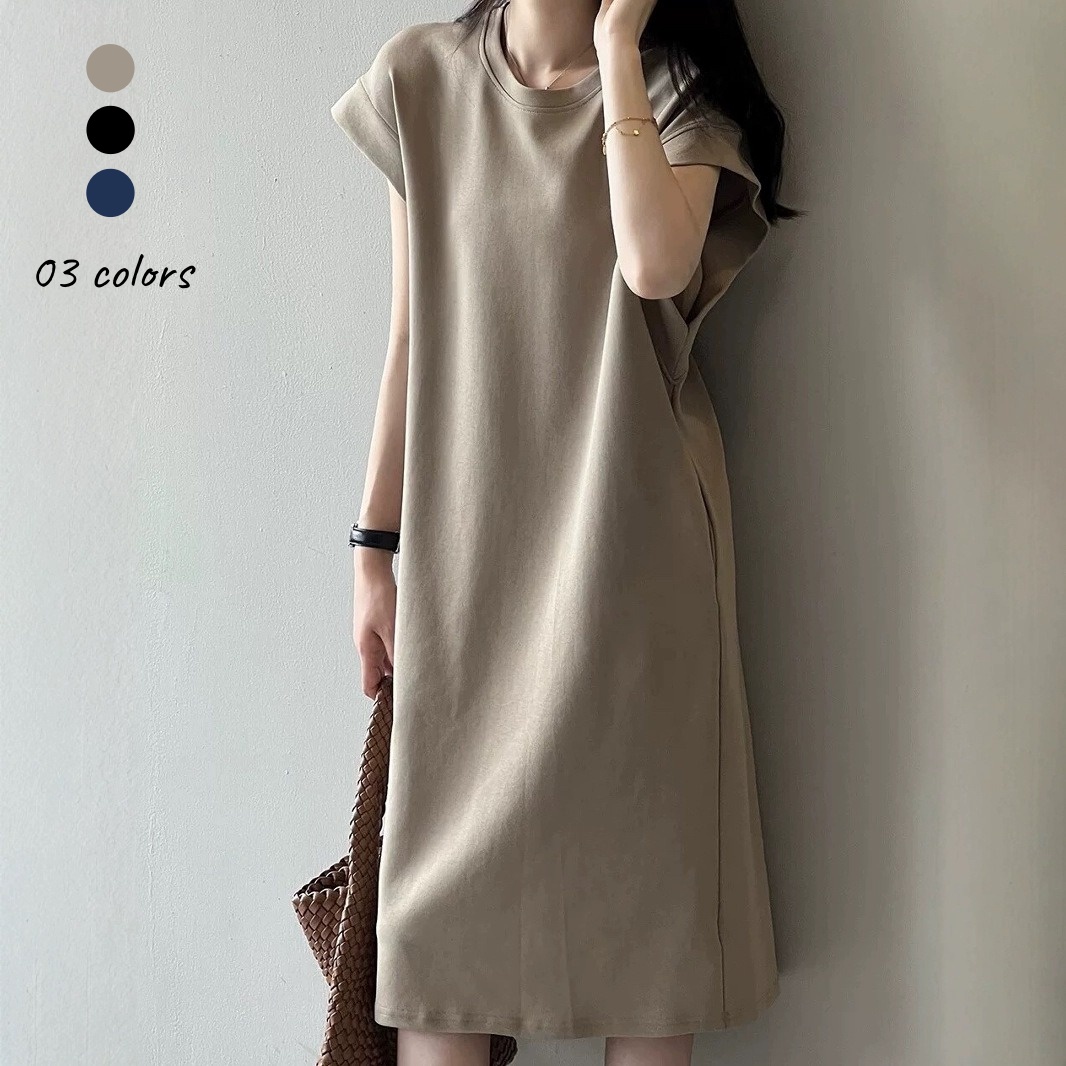 日系質感飛袖棉質洋裝 寬鬆剪裁中長版T恤洋裝