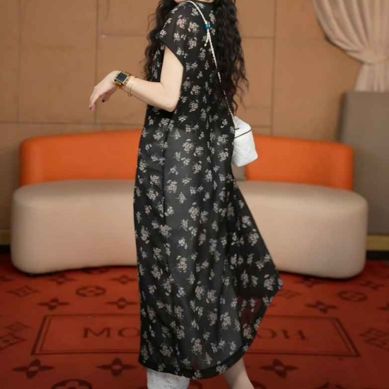 復古碎花V領無袖長版洋裝 輕薄開衩設計 外搭罩衫感