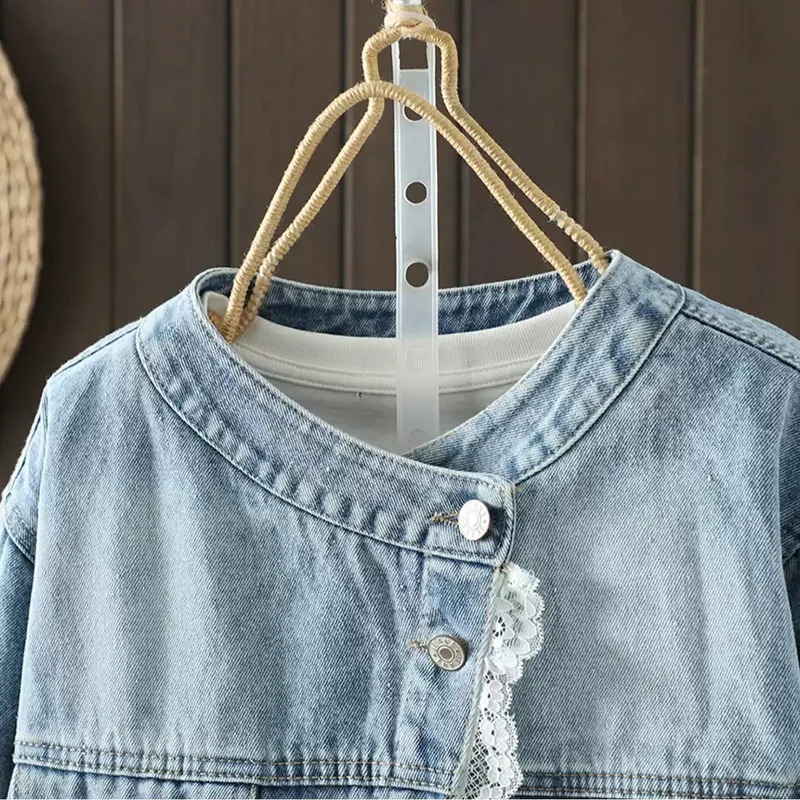 蕾絲花邊拼接牛仔外套 復古水洗短版 韓系休閒款