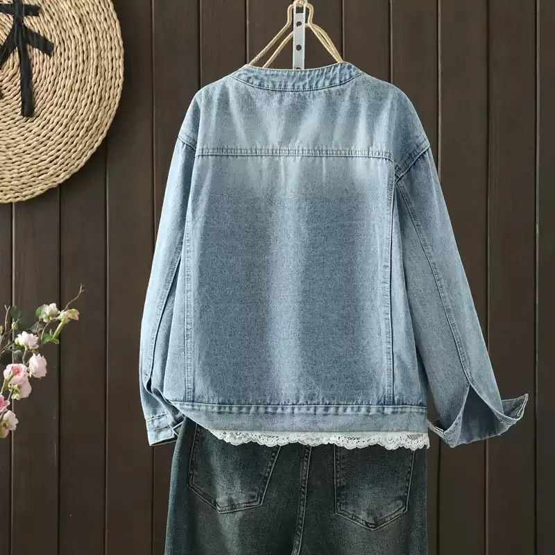 蕾絲花邊拼接牛仔外套 復古水洗短版 韓系休閒款