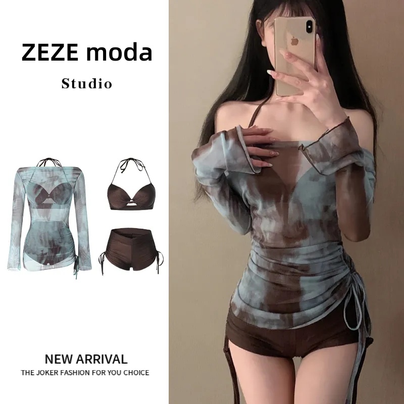 漸層印花三件式泳衣 比基尼＋罩衫套組 修身設計 渡假風款